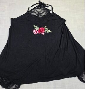 Liberty Wear Black Halter Top Floral Rose Lace Three Twisted Sisters Graphic L